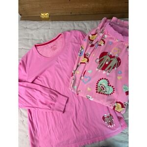 Nick & Nora Pink Sock Monkey Valentine Pajama Set XXL 100% Cotton Long Sleeve